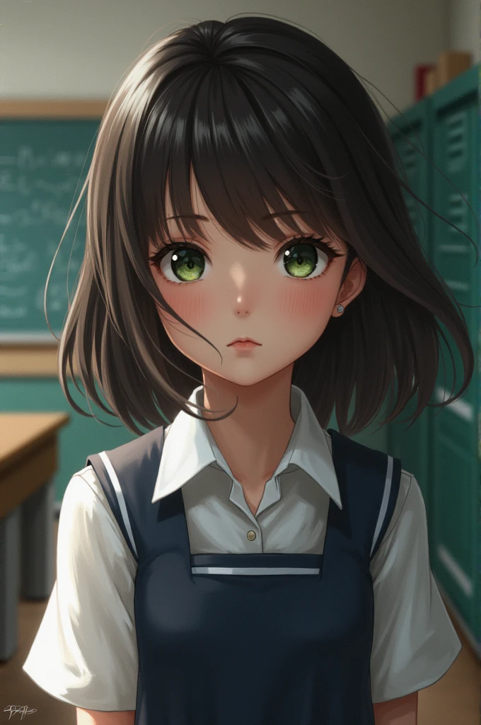 Girl in school clothes, school background, dark brown hair, dark green eyes