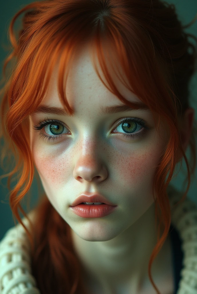 girl: diamond face, mullet red-brown hair, black eyes and yellow skin pale