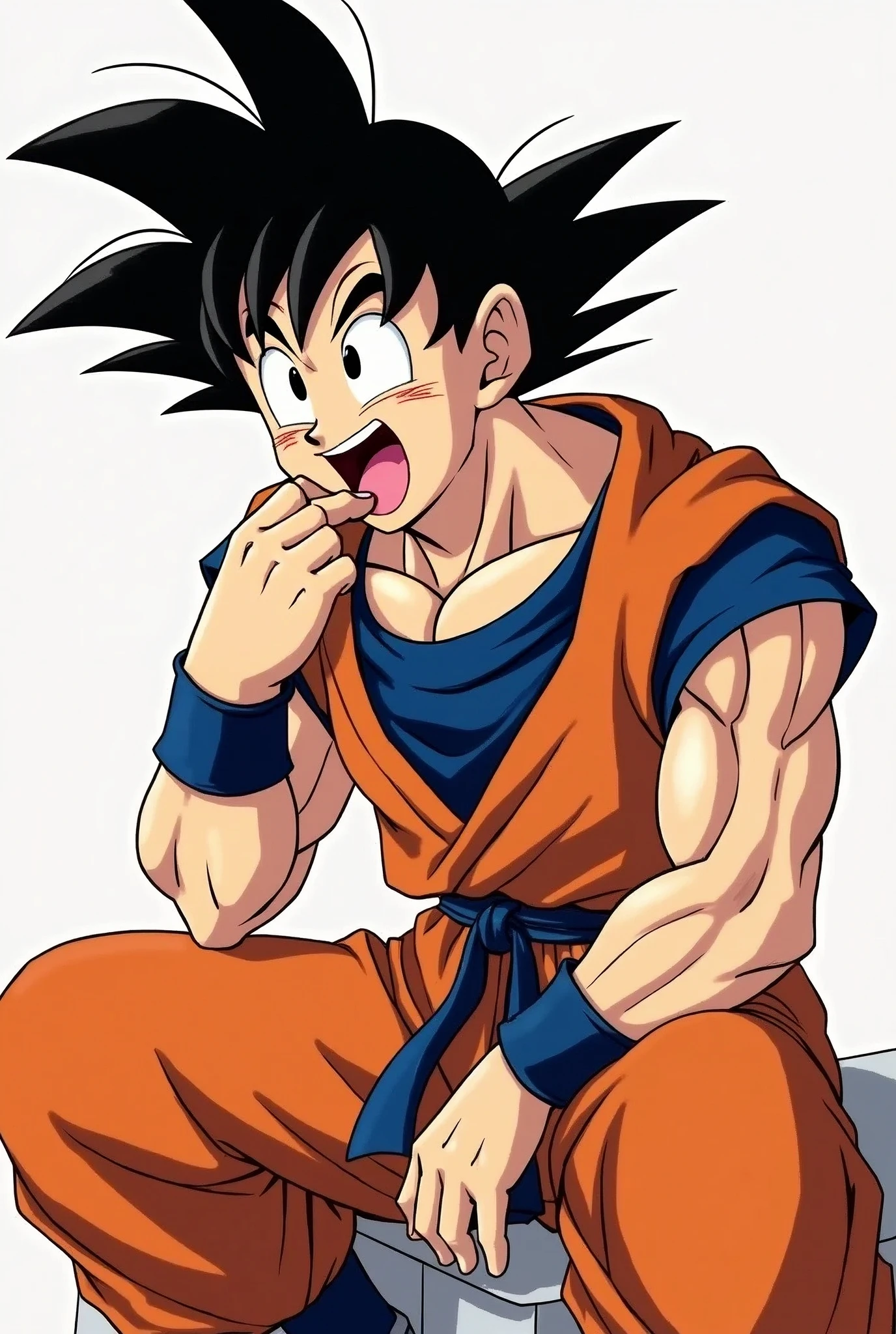 Goku licks Miho's cock while sitting on his hands and his cheeks are pink with embarrassment.