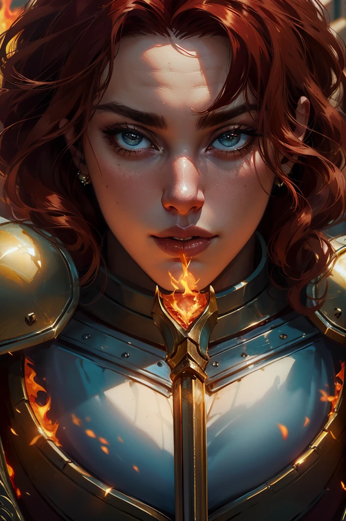 scarlett johansson, beautiful milf, red hair, seductive face, hourglass figure, large breasts, big hips, paladin, red armor, flame, fantasy theme, close up view, masterpiece, best quality, ultra detailed, realistic