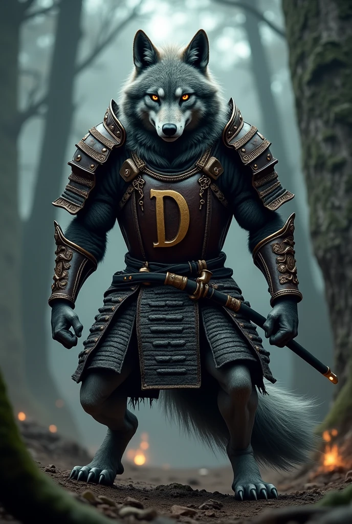 Wolf in armor with a sword and the letter D stamped on his samurai armor and the wolf being in an attack pose, make it realistic