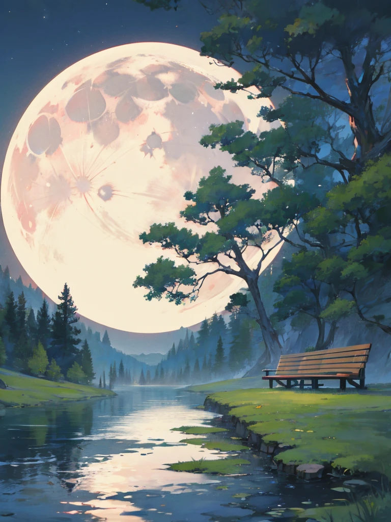 There are benches on the lawn near the lake and a huge tree, Unicorn grazing near a tree, The moon reflects on the water, full Moon in the background, full Moon in the background, big Moon in the background, big Moon in the background!, (Moon in the background), Moon reflected on the surface of the water, Moon in the background, A perfect and clear moon,  Moon in the background  
