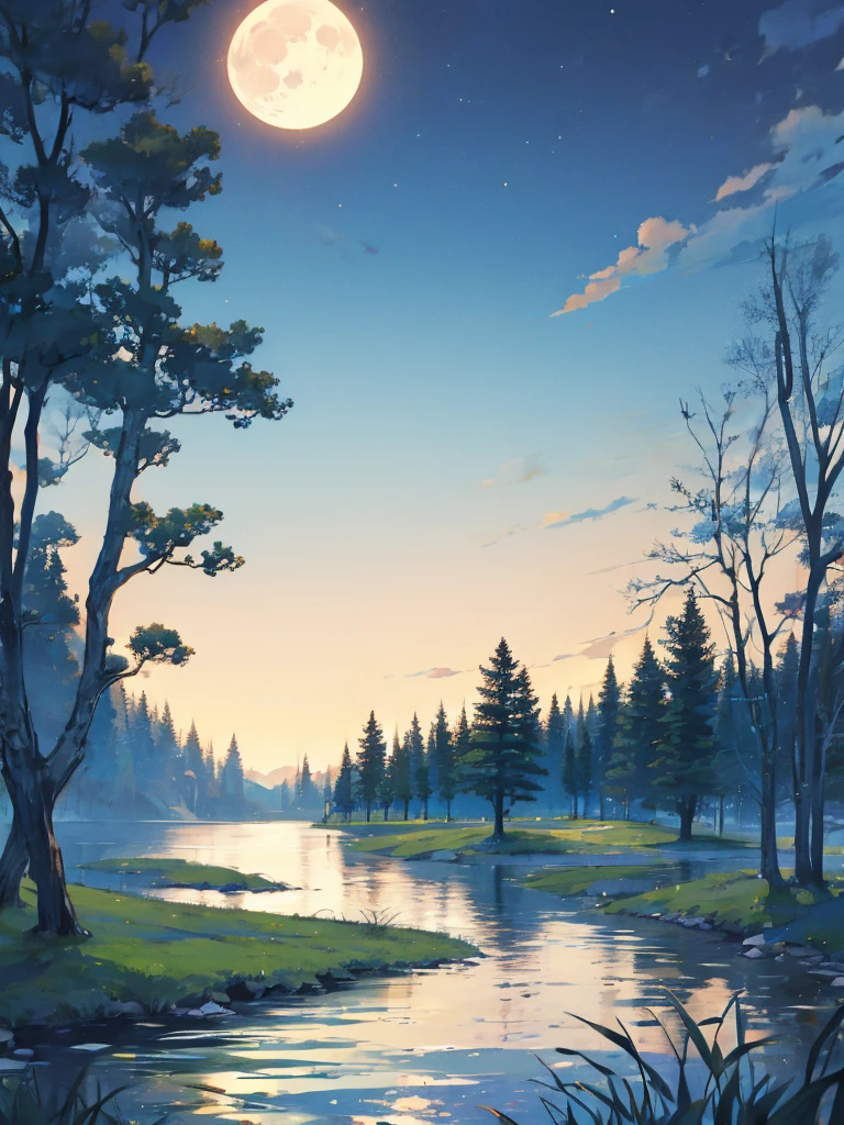 There are benches on the lawn near the lake and a huge tree, Unicorn grazing near a tree, The moon reflects on the water, full Moon in the background, full Moon in the background, big Moon in the background, big Moon in the background!, (Moon in the background), Moon reflected on the surface of the water, Moon in the background, A perfect and clear moon,  Moon in the background  