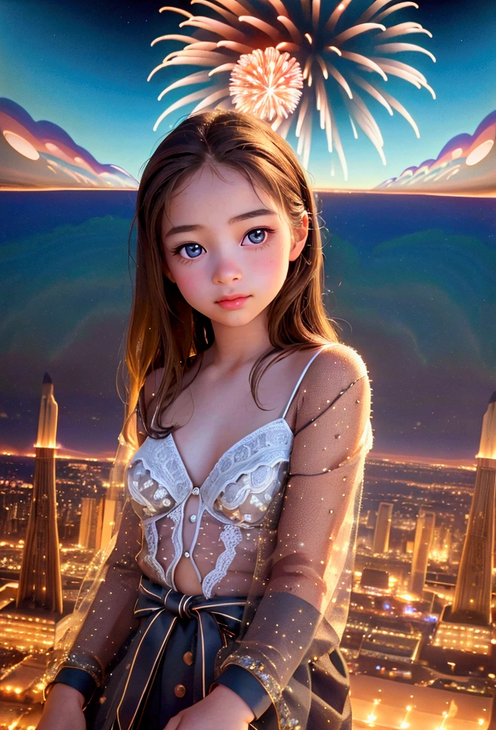 Cute girl about , playful expression, sly smile, brown hair, big eyes, dynamic angle, fireworks burning in the background, sunset, white smoke rising in the air, (cute, lovely, attractive: 1.2), (surreal, realistic: 1.37), (best quality, 4k, 8k, high resolution, masterpiece: 1.2), very detailed, (vivid colors, bokeh)