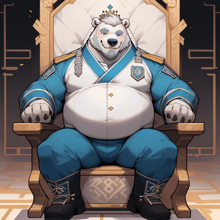 masterpiece, best quality, 8k resolution, Very detailed, hairy，(((Polar Bear))，(((Mature)))，(((beard))),(((Strong)))，(((White hair all over body)))，(((portrait)))，(((White hair)))，(((Minister)))，For the audience，(((Wearing Hanfu))),(((sit in a king chair)))，(((Smile)))，Highest quality scene，Solitary，solitary，(((whole body)))，(((Playful)))，(((Rest your chin)))，((( Wearing footwear))),(((Wearing a blue dynasty uniform)))，(((Imperial Court Background)))，((Fat-enclosed muscle))，(((Round face)))，(((alone)))，(((Tall body)))，(((Hip bulge)))，(((giant tall))),fur belly,handsome