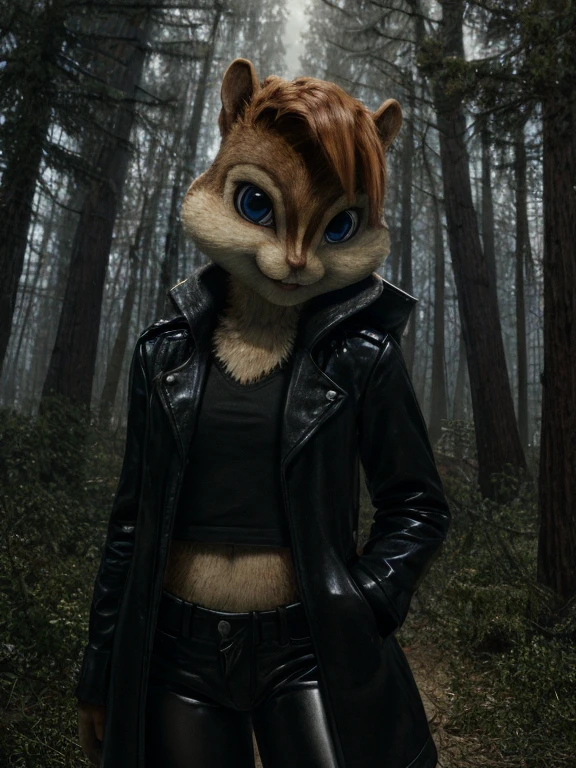 score_9, score_8_up, score_7, score_6, spooky forest, brittany miller, chipmunk, furry, short ears, black shirt, black leather coat, black leather pants, looking at viewer, 6 inches tall