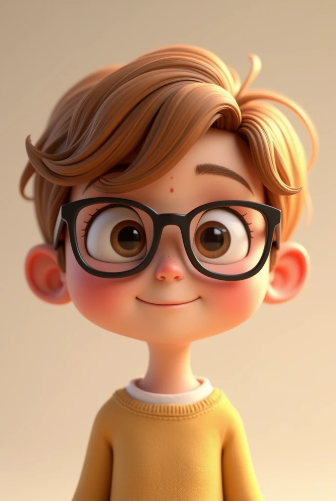 Animated character light brown hair with freckles rectangular glasses short hair facing forward not so thin