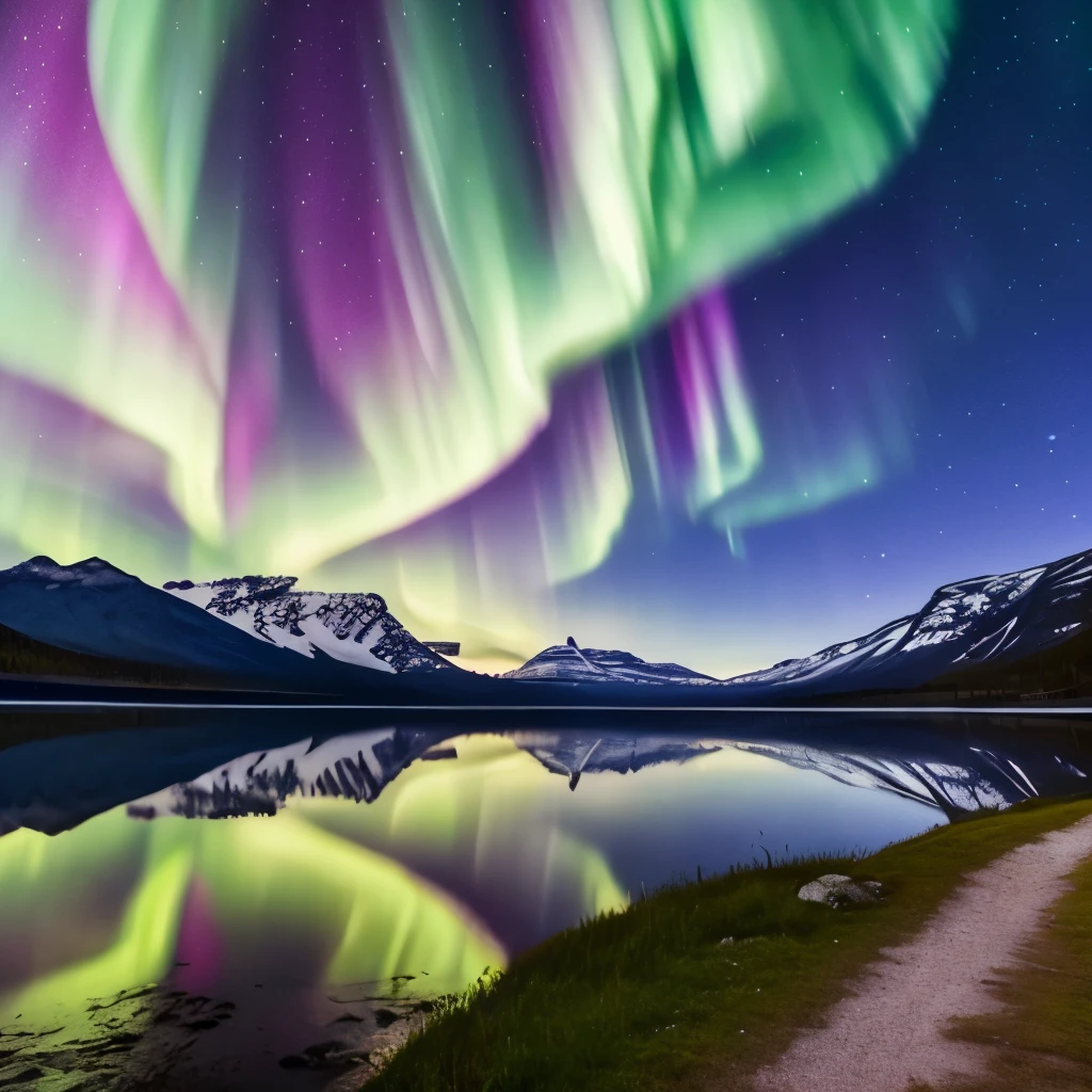 the aurora bore over a lake with mountains in the background, a picture by Harald Giersing, trending on unsplash, hurufiyya, northern lights, with aurora borealis in the sky, aurora borealis, ❤🔥🍄🌪, dramatic aurora borealis, infused with aurora borealis, epic stunning atmosphere, norway