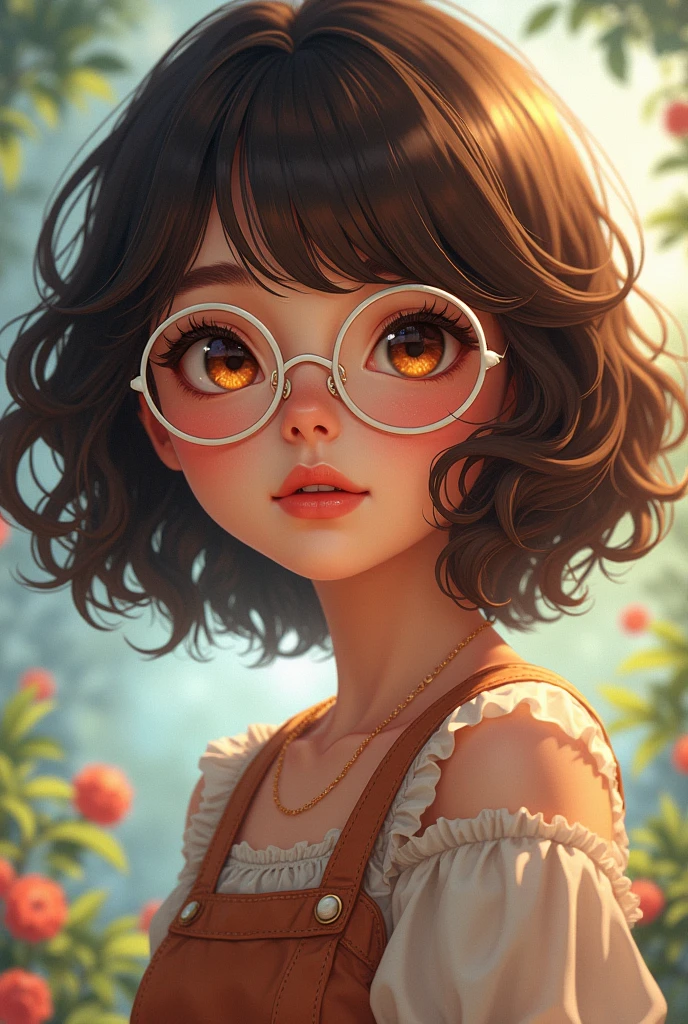 anime character, Female One , curly hair, pretty, with white round glasses, brown skin tone