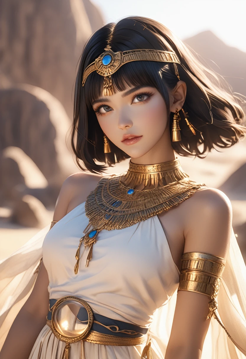 Photo of Cleopatra with natural skin, Short, voluminous black hair, Sharp eyes with blue eyeshadow, A thin, upturned nose, Well-shaped lips, Hourglass-shaped body shape, Typical yet sexy outfit, Makeup, Exquisitely crafted with the utmost attention to detail, Vibrant, amazing, Smooth, Cinematic, 4K, Backlight, Fantasy Desert Background, Shallow depth of field.
