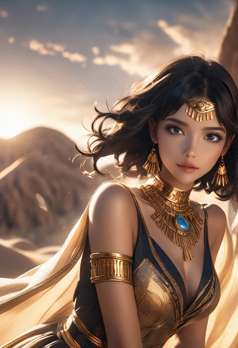 Photo of Cleopatra with natural skin, Short, voluminous black hair, Sharp eyes with blue eyeshadow, A thin, upturned nose, Well-shaped lips, Hourglass-shaped body shape, Typical yet sexy outfit, Makeup, Exquisitely crafted with the utmost attention to detail, Vibrant, amazing, Smooth, Cinematic, 4K, Backlight, Fantasy Desert Background, Shallow depth of field.