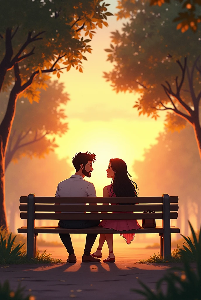 In a scale of 600x400


Background: A park scene at dusk, with trees and a light breeze. The sky is orange and pink. 
Characters: In the center, Marcos and Sofia are sitting on a park bench, talking and smiling. Marcos has a loving look, while Sofia smiles shyly. They are close, with their hands almost touching. 
Details: In a corner of the bench, a small bag or book may be resting, symbolizing the encounters and conversations shared. 
Title: At the top, in elegant letters and in a light color (such as white or a pastel shade), is the title "Entre a Amizade e o Amor."