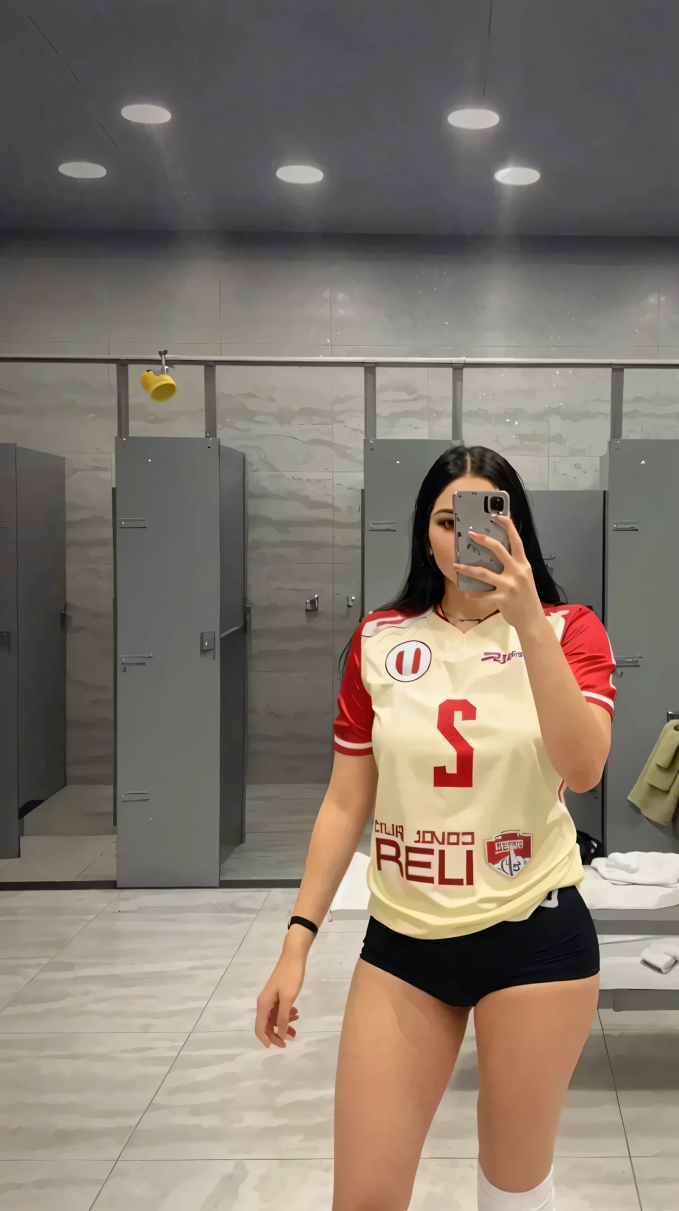 Woman taking a selfie in a locker with a cell phone, wearing a volleyball shirt, In bathroom, 🐝👗👾, locker room, 🔞🤡, real locomotive, unreal locomotive 5, It is, profile picture, Professional sports style, in a bathroom, 🚿🗝📝, casually dressed, high quality cargo, uploaded