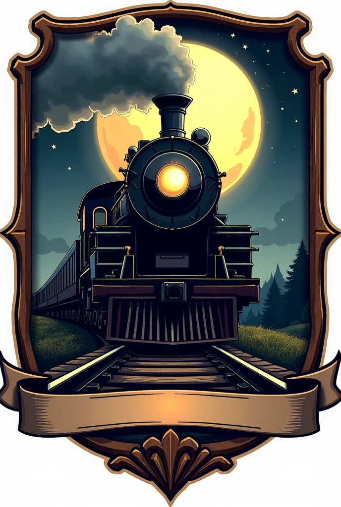 Shield for banner of a Train running on the tracks with a full moon behind 
