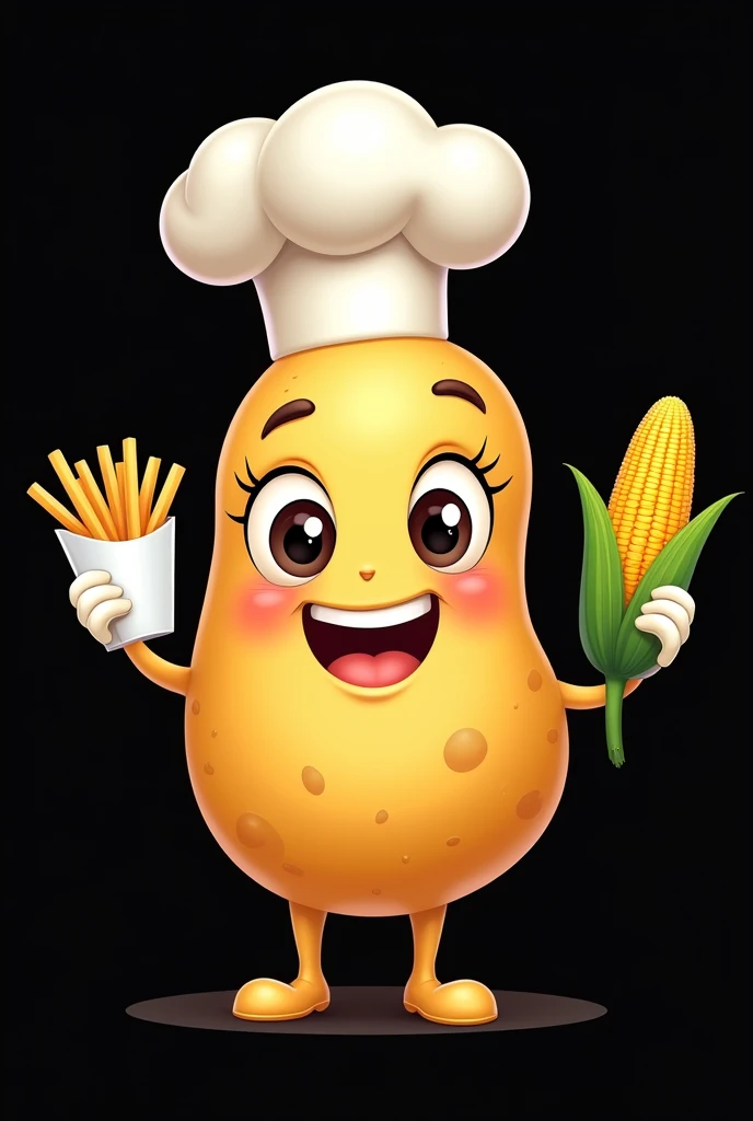 Create a potato with a cute face, smiling, with legs and with a corncob in the right hand and some French fries in the left, chef hat, that it is cartoon and black background