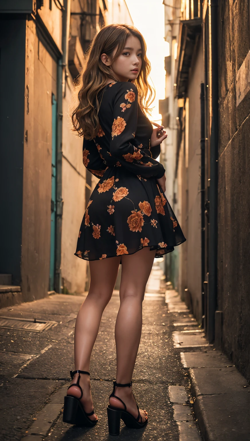 Full Body Shot、Outdoor、masterpiece、Highest quality、High resolution、Realistic、Pitch black night road、In a dark alley at night、A woman wearing an orange see-through dress with a floral pattern walking alone down a deserted alley at night、A tall, slim beauty wearing an orange dress with a floral pattern、The back view of an 18-year-old beautiful girl with her skirt flipped up、Looking back with a frightened expression、A beautiful woman flees from a man approaching her in a narrow alley at night、With her long, wavy, dark blonde hair fluttering、Long legs、Beautiful legs、Platform Sandals、Thin and slim magazine model、Young and sexy gravure model、Chest visible from the side、looking at the camera、Looking up、Permed, long, dark blonde hair、