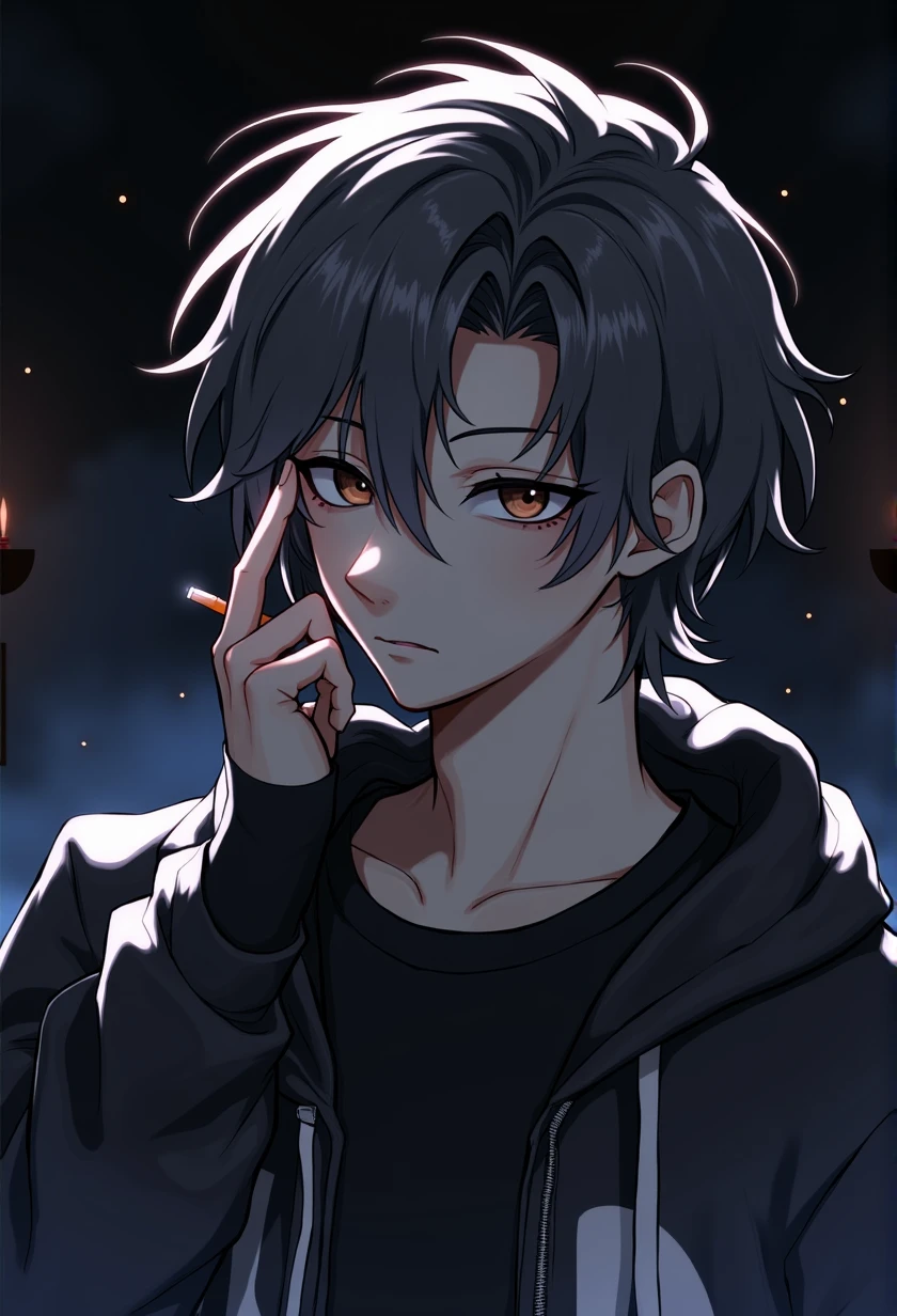 (masterpiece), ((Highest quality)), (masterpiece,Highest quality,Official Art,Highly detailed CG Unity 8K wallpapers)、good looking, alone, 1 male, Black hair with smoky grey tips, Beautiful brown eyes, Black Shirt, Black and white hooded, smoking, night, Black light、In a completely different expression