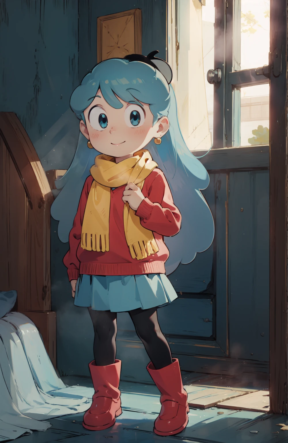 masterpiece, high quality, Hilda, long hair, blue hair, smile, long hair, light blue hair, yellow scarf, red sweater, blue skirt, black leggings, red boots, 