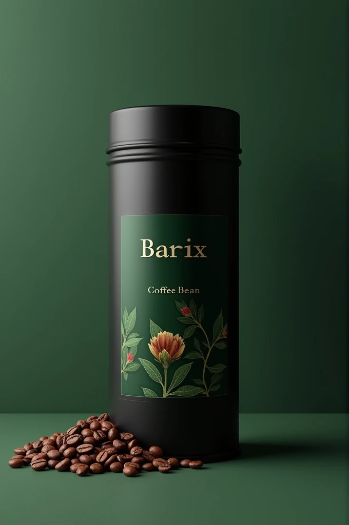 I want a new and special packaging for coffee beans in the form of a black cylindrical container and a very dark green color with Barix brand and a photo of coffee beans on the package.