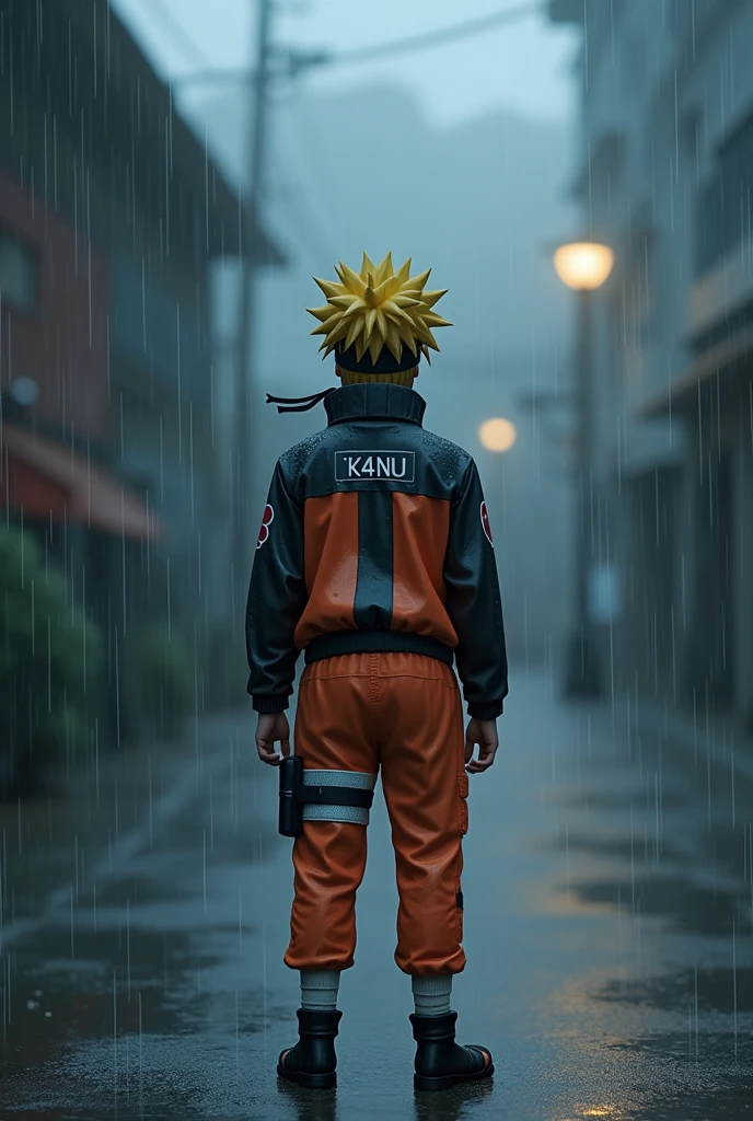 Naruto standing in the rain and K4NU written on the image