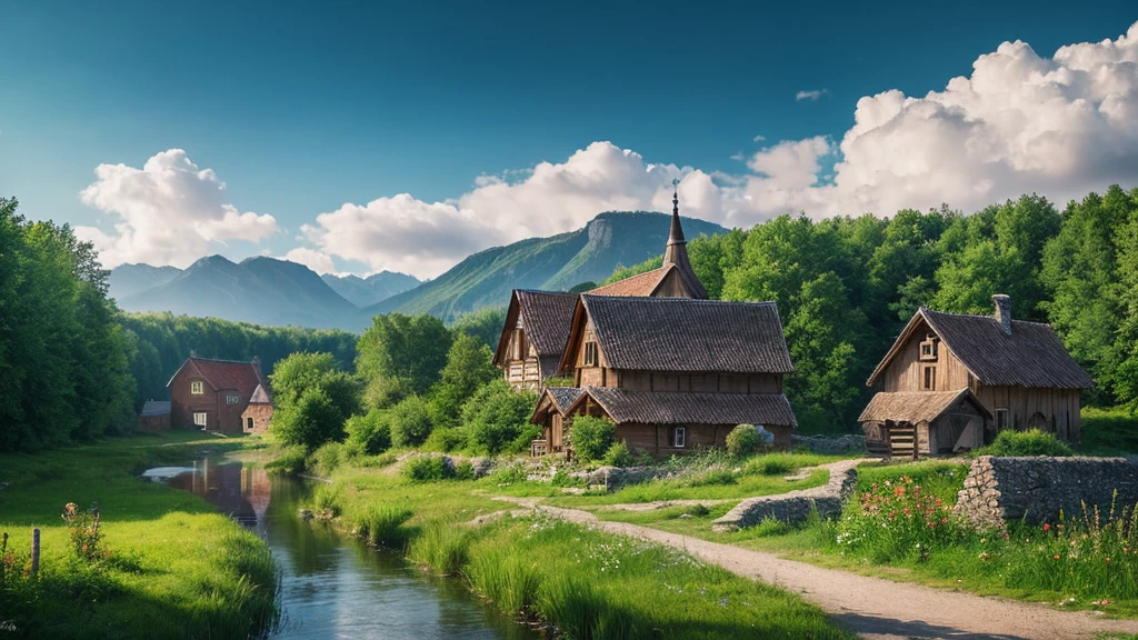 Estonian ancient village, mystical nature, Rivers, Mountains and forests, waterfall, cloud, Photorealistic photos, It's not 8k. Aerial view.