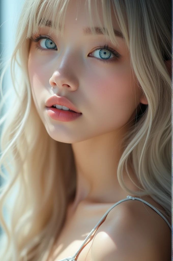 (a closeup:1.4)、(RAW shooting:1.2)、(Photorealsitic:1.4)、(masterpiece:1.3)、(top-quality:1.4)、bright expression、extremely beautyful girl、Extraordinary beautiful girl、Detailed cute and beautiful face、Beautiful bangs、Glowing white shiny skin、facial hairs、Bangs that extend to the face、Bangs between the eyes、Super long hair、Attractive light and dark platinum blonde super long straight silky hainer hair、Attractive glowing beautiful bright clear light blue big eyes、Luxurious dresses、Double eyelids、Lush bust、The upper part of the body、