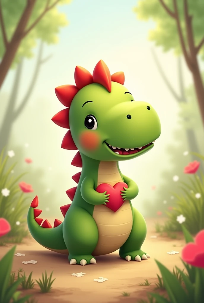 Cute and adorable dinosaur with short red hair and green skin, Holding a heart