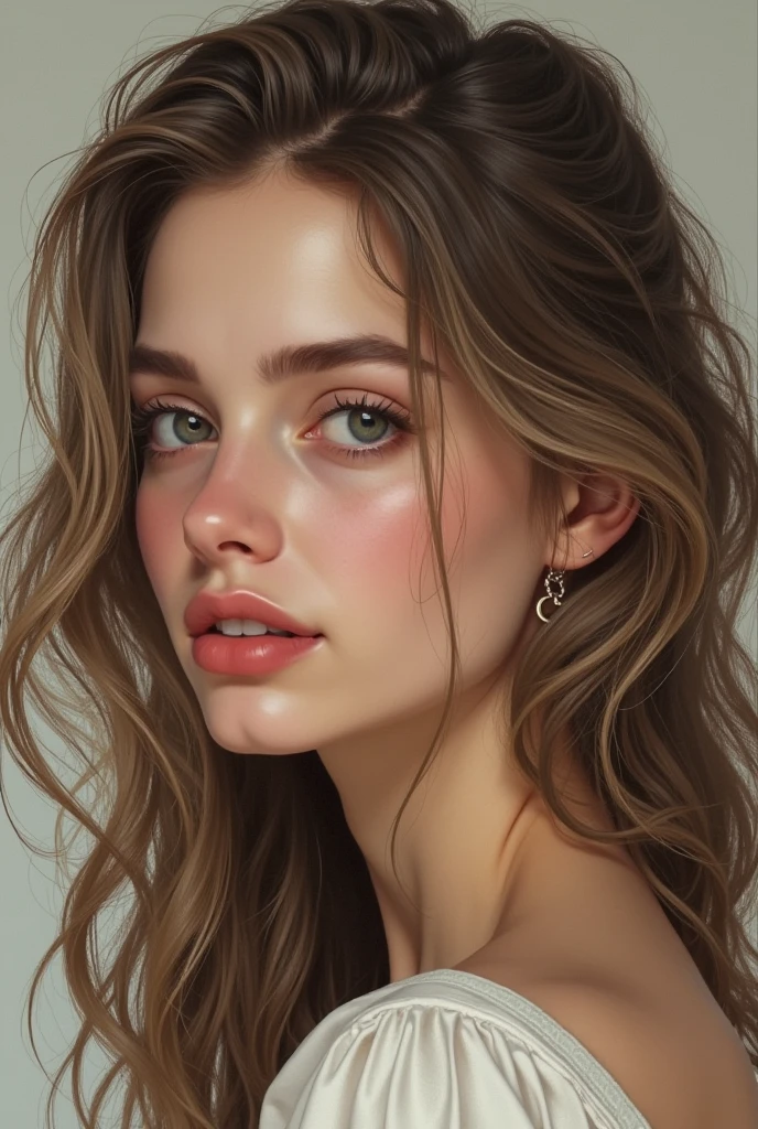 A 22-year-old white woman with dark, wavy blonde hair, a Greek nose with a drooping tip, eyes with chubby eyelids and small lips, a round face