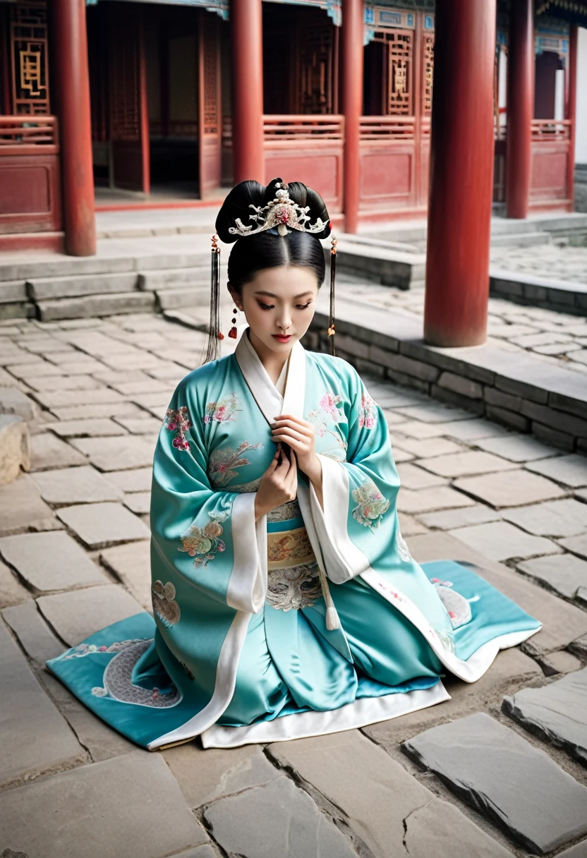 Cobblestones outside a Chinese palace during the Qing Dynasty letter M（Porn Pose） A gorgeous Chinese imperial empress with her hair tied on both sides and wearing a crown、Background of kinky and erotic woman tying her hair、The story is set in the luxurious rooms of an empress in the Chinese imperial court during the Qing dynasty.。