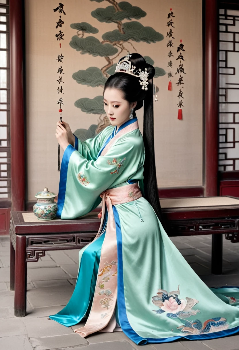 A nude empress from the Qing Dynasty. She sits on a sofa with her legs spread, her hair is tied up in two ponytails, she is wearing a gorgeous Chinese empress crown and a flower hairpin, and her hair is tied up and pulled up.