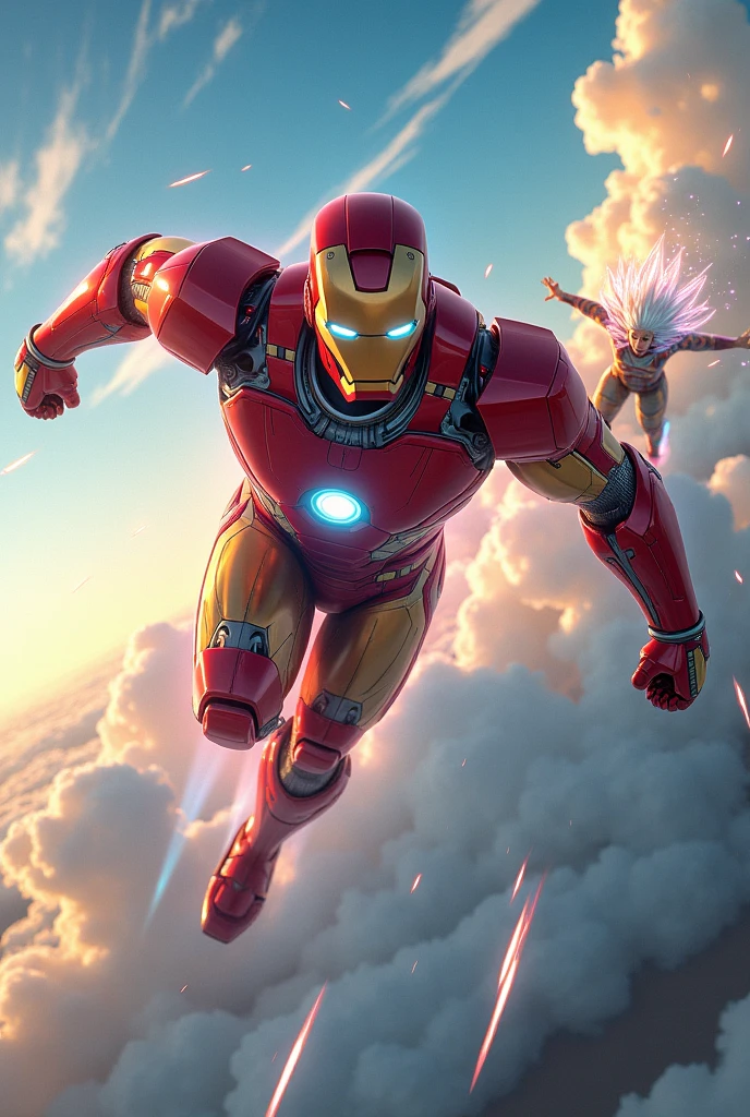 Iron man is flying on sky with gojo also flying
