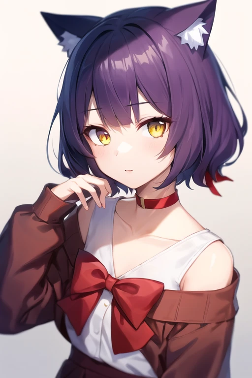 Highest quality, Perfect Skin, Beautiful attention to detail,Detailed face,Dynamic Lighting,One girl,View your viewers, nmm1, nekomusume, nekomusume \(gegege no kitarou 6\), One girl, Purple Hair, Yellow Eyes, alone, Red dress, Red choker, Hair Ribbon, Pointed Ears, short hair, White shirt, Long sleeve, Red Bow, bangs, clavicle, brooch, jewelry,Finding