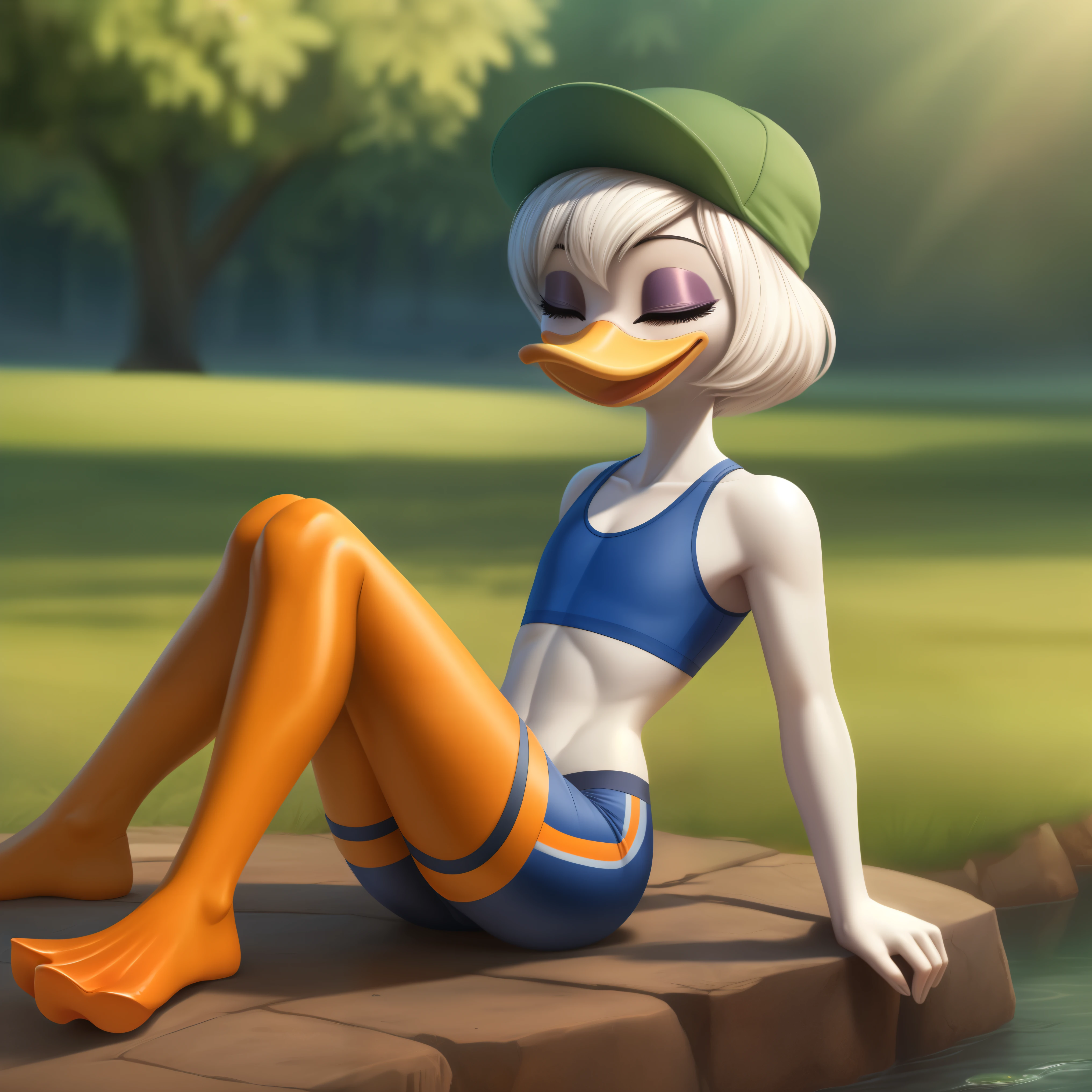 ((Naked)), ((Solo woman outside near a pond)), pale,full pov, ((freckled)), ((big freckles)), cute freckles, ((nose freckles)), ((hint of freckles)), ((woman with freckles)), ((shoulder freckles)), ((freckles!!!)), ((freckled arms)), ((back freckles)), ((freckled chest!!!)), ((light cute freckles)), ((sparse freckles)), ((mouth turns into duck bill)), ((duck bill muzzle)), ((fluffy)), fluffy woman, ((body feathers)), two-tone fur, gaze at the viewer, half-closed eyes, 1girl, solo, full body, (masterpiece:1.21), (best quality:1.2), (illustration:1.2), (cinematic lighting:1.3), ((detailed fur)), balanced coloring, global illumination, ray tracing, good lighting, center focus, ((arms turns into wings)), ((body covered in green duck feathers)), ((duck face))