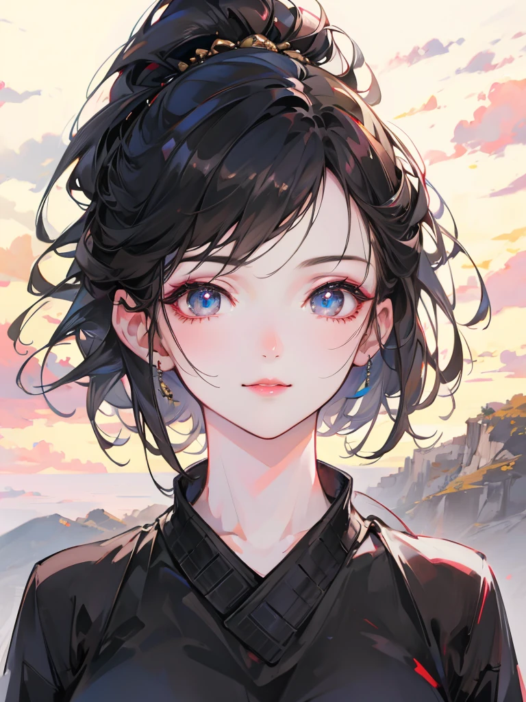Highest quality, 超High resolution, (Realistic:1.4),Sunset Light, ponytail, Korean women, Detailed Photos, smile, sexy, Black Shirt, To the camera, close (masterpiece: 1.3), (8k, Realistic, Highest quality: 1.4), (One girl), Beautiful Face, (Realistic Face), (Black Hair, short hair: 1.3), Beautiful hairstyle, Realistic eyes, Beautiful details in the eyes, (Realistic Skin), Beautiful Skin, (sweater), Absurd, Charm, 超High resolution, Ultra-realistic, High resolution, Golden Ratio