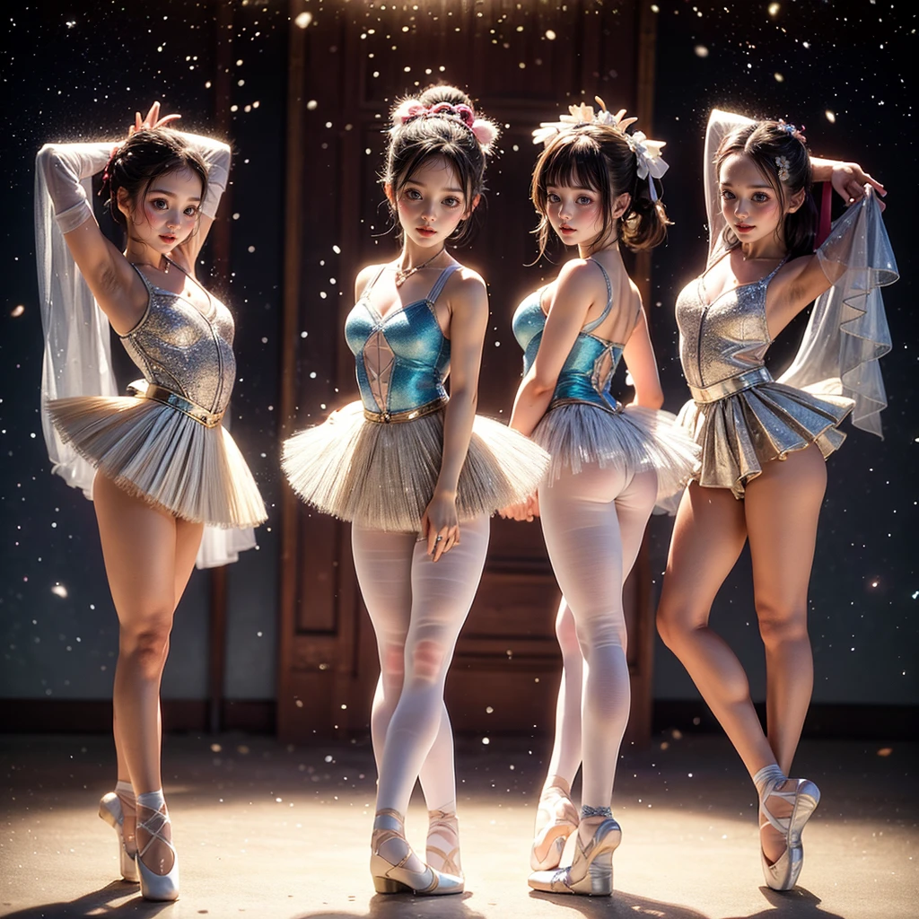 SFW, ExtremelyDetailed (((Kawaii Ballet Girls Group in a row:1.37))), Childish perfect face, Reflective Eyes, Detailed(Delicate Clothing textures), Corrected Leg Line, Corrected Childish Hand, Correct limbs, Dynamic Joyful Expressions LifeLike Rendering, ((Specular Reflection:0.8)), TopQuality 8K Ultra-detailed masterpiece (ProfessionalPhoto:1.37)(Acutance:0.8),(Luminism:1.28), Light particles, (Muscle:-0.5), facing away (from side ) (Clearly visible Beautiful hip shape)