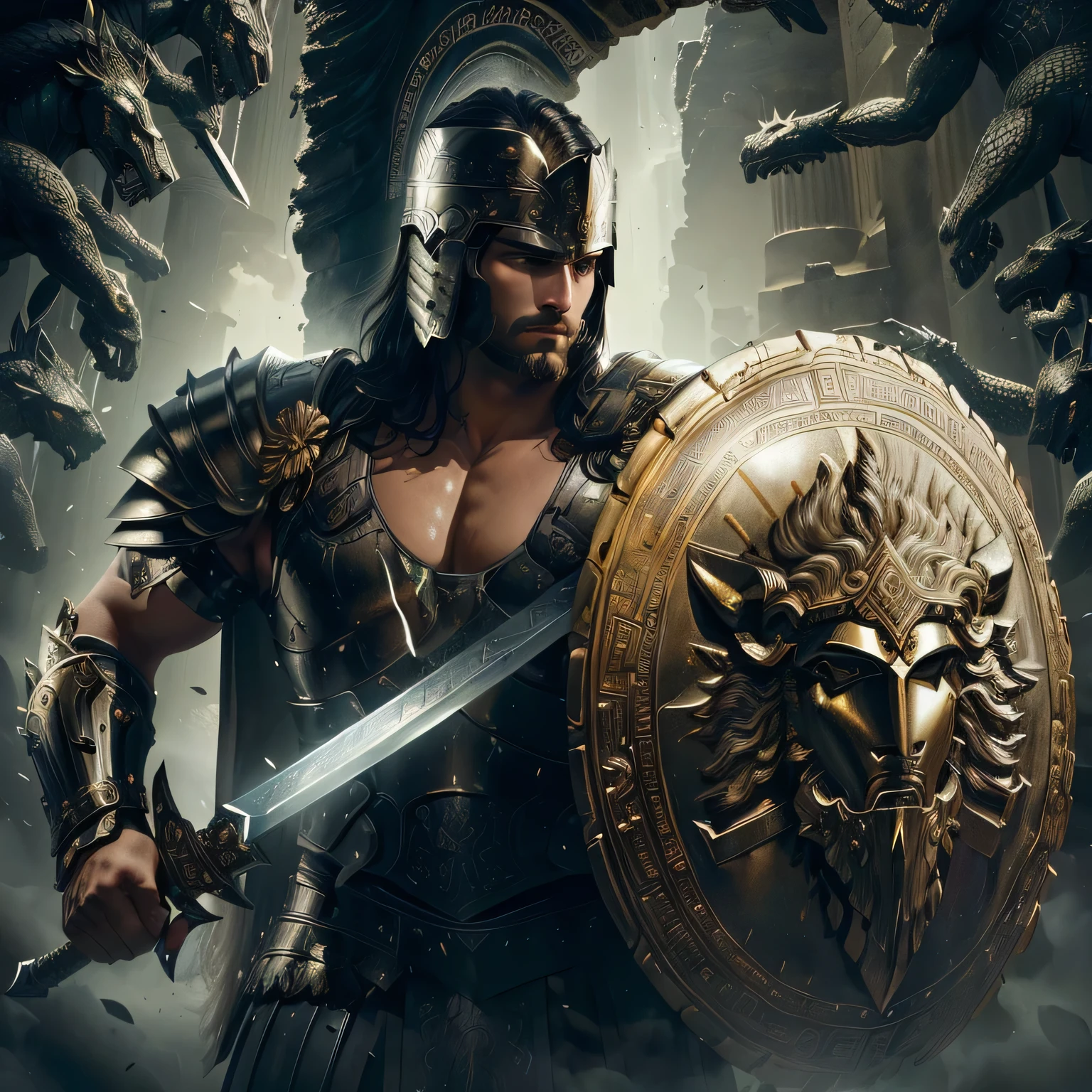 armed with a mirrored shield that would allow him to see Medusa’s reflection,Close-up of a man in armour holding a sword and shield, Digital painting of Greek mythology, Spartan warrior, Ares with heavy armor and sword, Ares, portrait of Greek God Ares, dressed in Spartan armour, Spartan, Ancient warriors, Ancient soldiers, Greek Dark Mythology, leading Spartans into battle, Greek God, Alexander the Great, Greek armor, Spartan armor, Trojan War