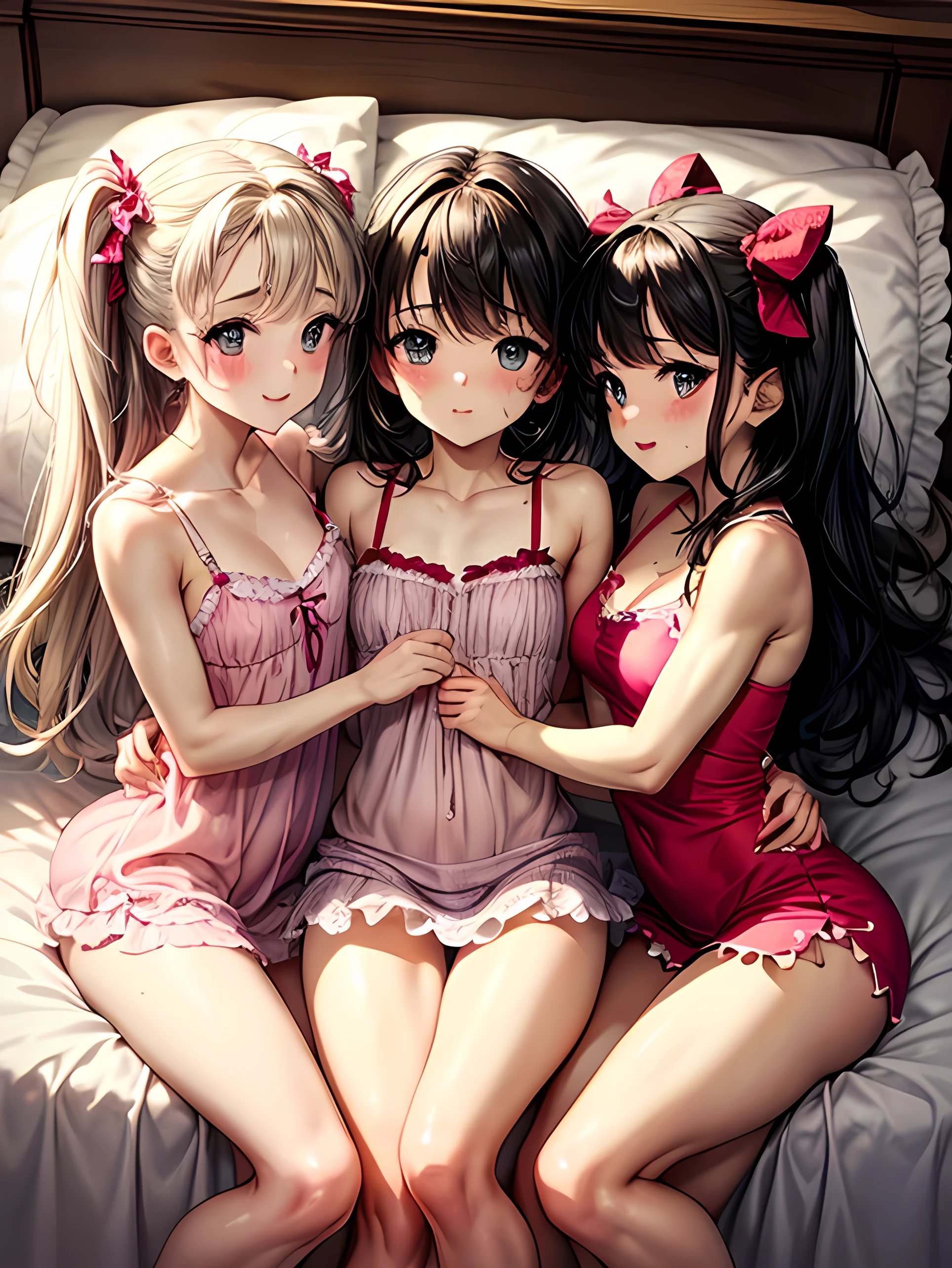 3 cute and adorable girls wearing sexy nightgown camisole in the bedroom threesome 