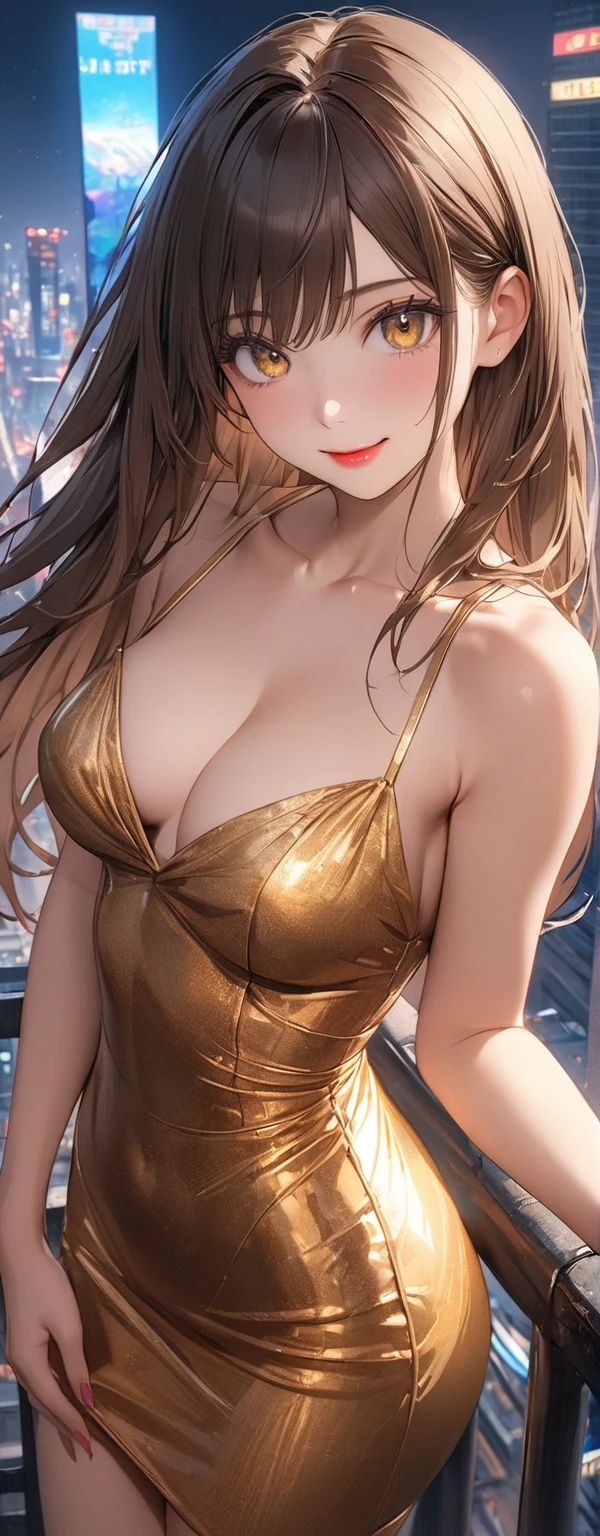 straight hair、brown hair,((Highly detailed golden sexy dress)), He looks to be about ************., (Beautiful girl: 1.3),1 woman,best quality,8k,Highly detailed CG unit wallpaper,masterpiece:1.2,best quality,ultra high resolution,RAW photos,Realistic textured skin,Cinema Lighting,happy,big eyes,detailed eyes,Glossy lipstick,perfect makeup,Ultra HD Beauty Face,Huge building,center,Agreeable,(big, Round and beautifully shaped buttocks),(Standing on the roof of a high-rise building in Cyber City),(Panorama),night,Detailed neon lights,(((stand_divided))),