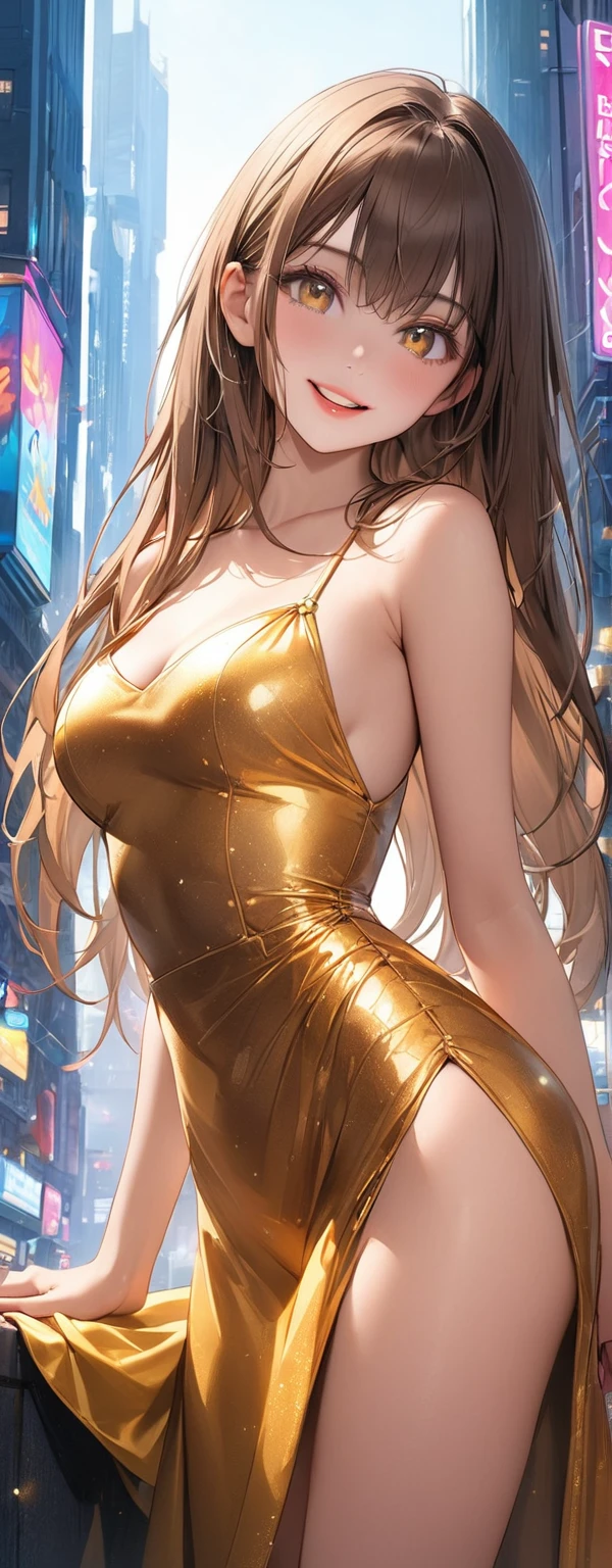 straight hair、brown hair,((Highly detailed golden sexy dress)), He looks to be about ************., (Beautiful girl: 1.3),1 woman,best quality,8k,Highly detailed CG unit wallpaper,masterpiece:1.2,best quality,ultra high resolution,RAW photos,Realistic textured skin,Cinema Lighting,happy,big eyes,detailed eyes,Glossy lipstick,perfect makeup,Ultra HD Beauty Face,Huge building,center,Agreeable,(big, Round and beautifully shaped buttocks),(Standing on the roof of a high-rise building in Cyber City),(Panorama),night,Detailed neon lights,(((stand_divided))),