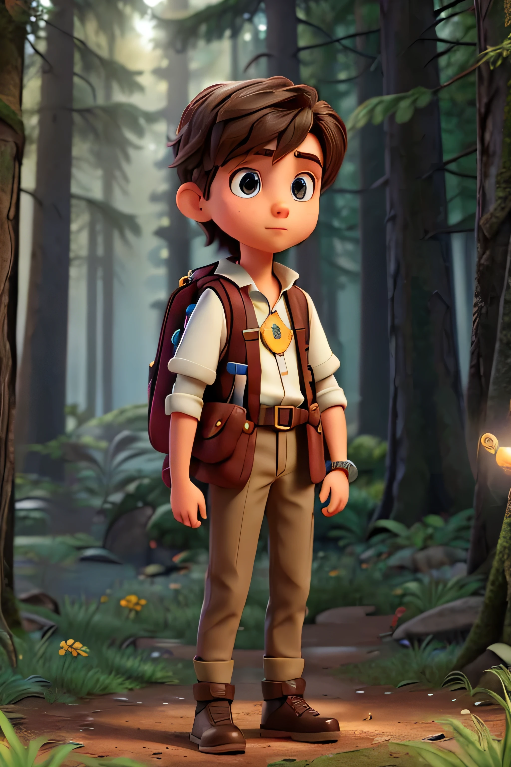 A close-up of a young explorer named Aryan, standing at the edge of the mystical forest. Aryan is holding a glowing magical compass, looking determined and curious. He is dressed in adventurous attire, with a backpack and a map peeking out. The background shows the dense, enchanted forest with a hint of magical creatures peeking from behind the trees.