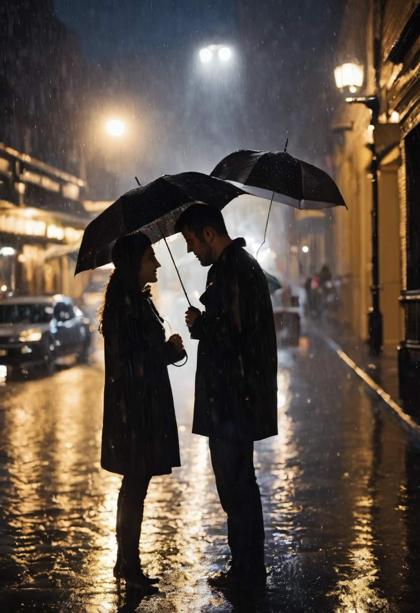 A romantic couple enjoying rain in the night street 