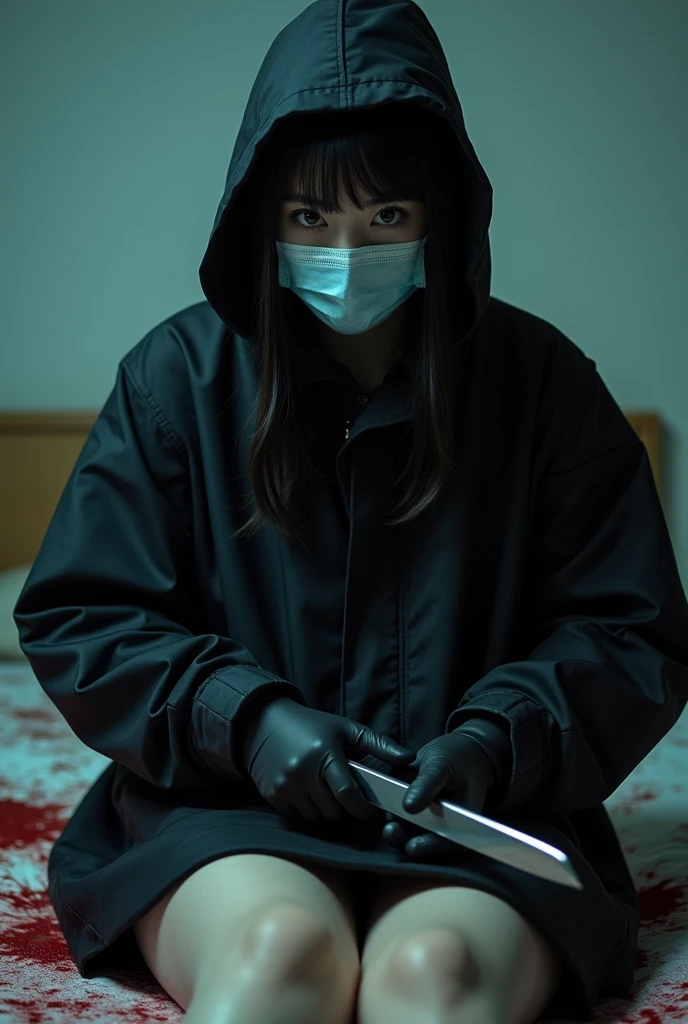 korean girl, (behind corpse, surgical mask), holding knife, stabbing, black gloves, room full of blood, black raincoat, plump, hood up, holding knife, black gloves, behind corpse, blood splatter, bondage, long bangs, bed room, looking at viewer, black wet suit, night, mass murderer, killer, robbery, dark atmosphere, cinematic lighting, atmospheric realistic, light from the window close-up,
