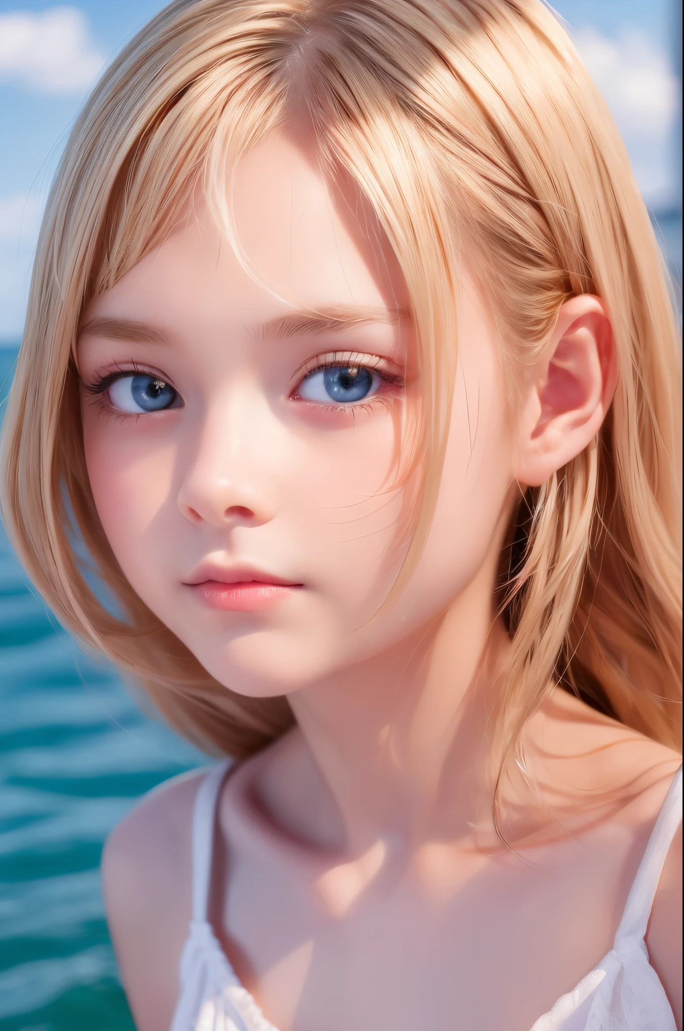 One Girl，(1人のとてもcute女の子:1.3)，masterpiece，Highest quality，High resolution，From below，Low - Angle，Photorealistic，RAW Photos，Ray Tracing，Physically Based Rendering，beautiful girl，(:1.3)，cute，Big Blue Eyes，(detailed pupils:1.2)，(The face is facing straight ahead:1.3)，Body facing forward，Beautiful nose，Upturned nose，Fuller lips，Platinum Blonde Hair，Detailed eyelashes，Thin eyebrows，Very fine grain definition，(Symmetrical eyes，Golden Ratio:1.3)，(Face close-up，Face Focus:1.0)，Small breasts，Short neck，White Bikini，Swimwear，Ocean，Blue sky，White cloud，Soft Light，Portrait，View Viewer，Upper Body，Cinema Lighting，High resolution，Very detailed