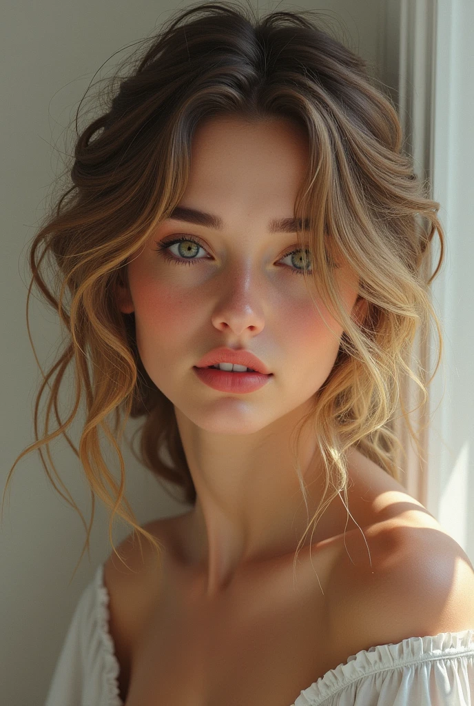 A 22-year-old white woman with dark blonde, wavy hair, a Greek nose with a drooping tip, small eyes with drooping eyelids and small lips, a round face