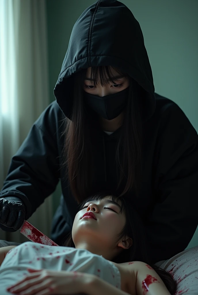 korean girl, (behind , holding knife), black surgical mask, black gloves, room full ok raincoat, hood up, holding knife, black gloves, woman on top, behind corpse, blood splatn the bed, mass murderer, killer, long balood splatter, dark atmosphere, cinematic lighting, atmospheric realistic, light from the window, close-up,
