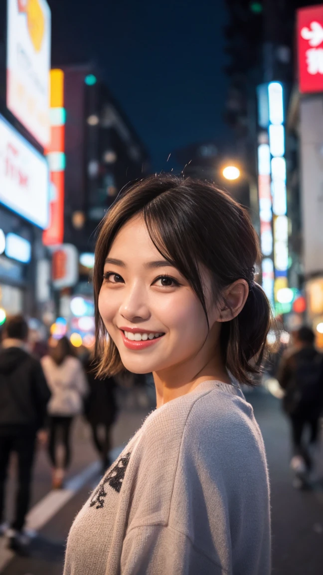 1 girl, Tokyo Street,night, Streetscape,City lights,Upper Body,close,smile,, (8k, RAW Photos, Highest quality, masterpiece:1.2),(Realistic, photo-Realistic:1.37),