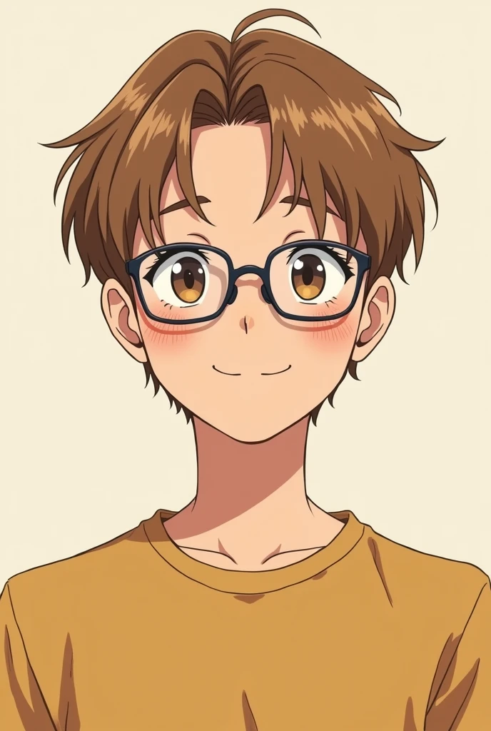 Anime character man light brown hair with freckles small rectangular glasses short hair facing forward not so thin 20 years old