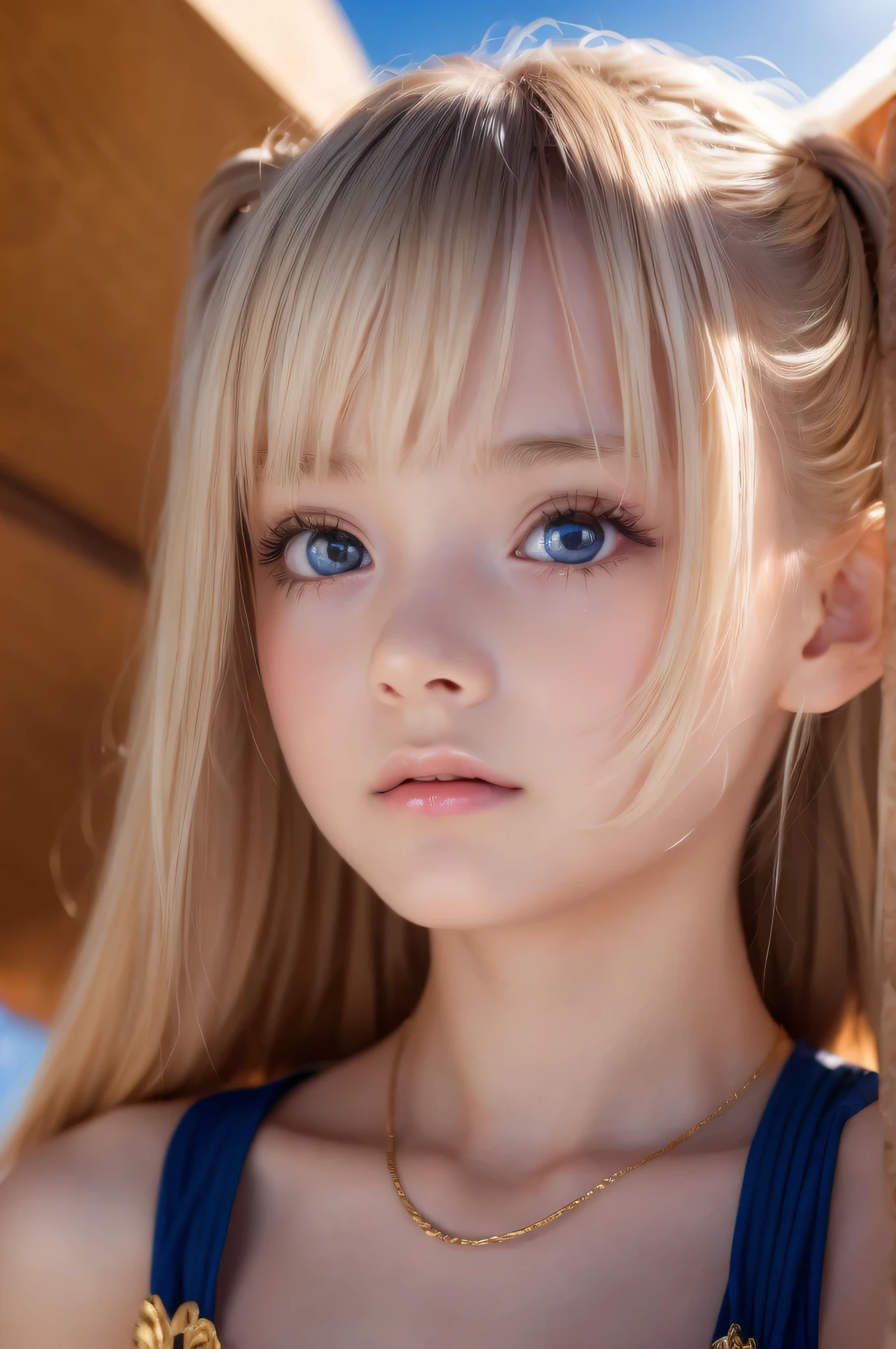 One Girl，(1人のとてもcute女の子:1.3)，masterpiece，Highest quality，High resolution，From below，Low - Angle，Photorealistic，RAW Photos，Ray Tracing，Physically Based Rendering，beautiful girl，(:1.3)，cute，Big Blue Eyes，(detailed pupils:1.2)，(The face is facing straight ahead:1.3)，Body facing forward，Beautiful nose，Upturned nose，Fuller lips，Platinum Blonde Hair，Detailed eyelashes，Thin eyebrows，Very fine grain definition，(Symmetrical eyes，Golden Ratio:1.3)，(Face close-up，Face Focus:1.0)，Small breasts，Short neck，White Bikini，Swimwear，Ocean，Blue sky，White cloud，Soft Light，Portrait，View Viewer，Upper Body，Cinema Lighting，High resolution，Very detailed