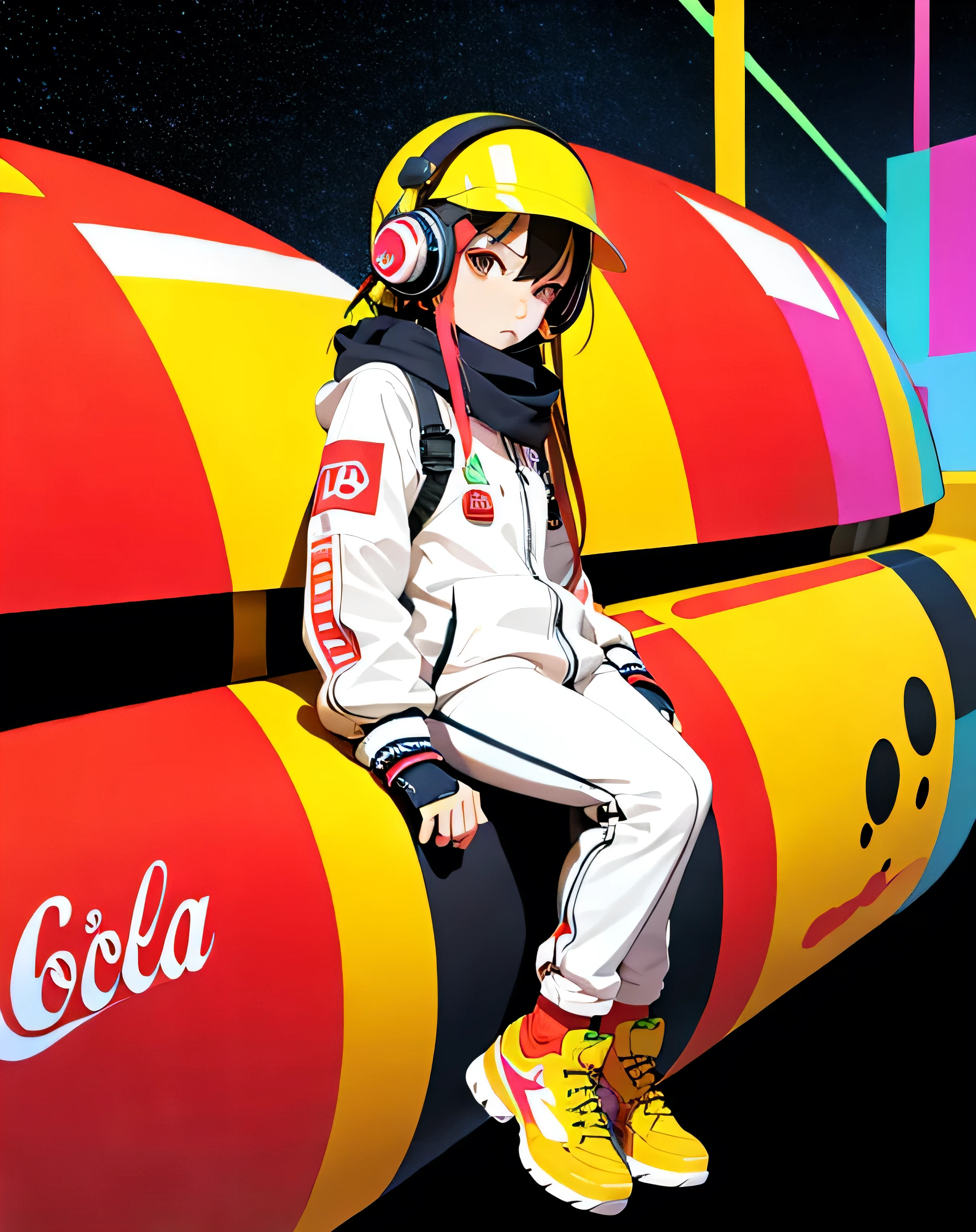 (Very detailed,Ultra-high resolution,Detailed Background),((2D)),((Flat Color)),((Calm colors)),((Floating Neon)),One Girl,alone,View your viewers, break, orange, Spray paint, graffiti, Girl in a white space suit with a helmet, Plush scarf, Full body image, Adult female, anatomically perfect face, Focus on the face, Modern Style,artistic,mobile composition,Unique Pattern,Bold Texture,colorful,Imaginative,Whimsical,Vibrant,like々Shii,Playful,Vibrant,creative,Expressive,stylish,tendency,Eat lollipops,Coca-Cola Poster,Headphones,