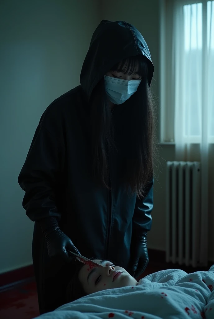 korean girl, (behind corpse, surgical mask), holding knife, stabbing, black gloves, room full of blood, black raincoat, plump, hood up, holding knife, black gloves, behind corpse, blood splatter, bondage, long bangs, bed room, black wet suit, night, mass murderer, killer, robbery, dark atmosphere, cinematic lighting, atmospheric realistic, light from the window close-up,
